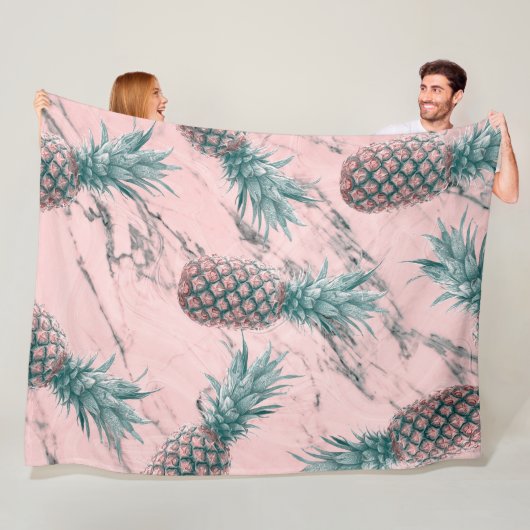 Ananas en roze marmer Moderne tropische afbeelding Fleece Deken (In situ)