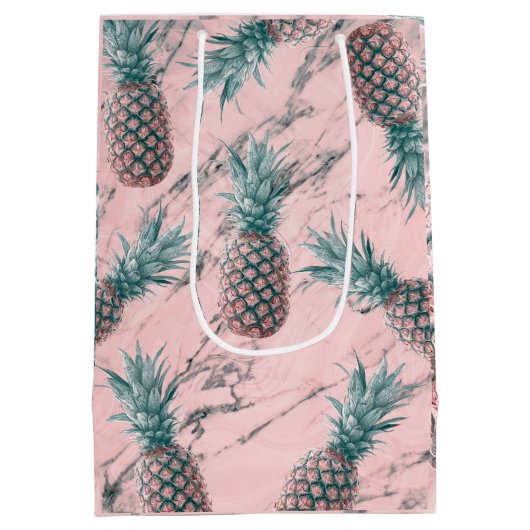 Ananas en roze marmer Moderne tropische afbeelding Medium Cadeauzakje (Achterkant)