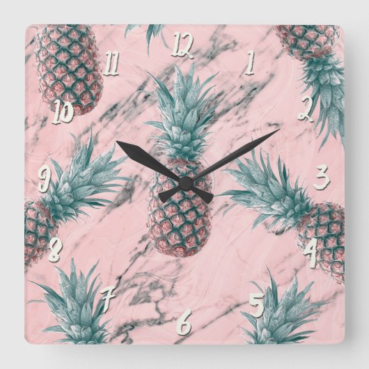 Ananas en roze marmer Moderne tropische afbeelding Vierkante Klok (Voorkant)