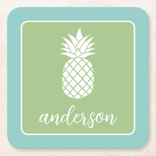 Ananas en Whimsical green blauwgroen - scriptnaam Kartonnen Onderzetters (Voorkant)