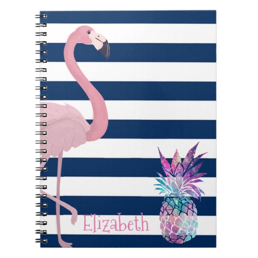 Ananas, Flamingo Navy Blue Stripes-Personalized Notitieboek (Voorkant)