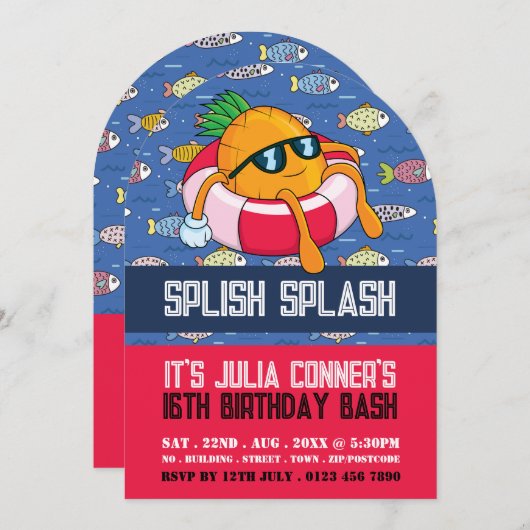 Ananas Float, Cartoon Fish Pool Party Verjaardag Kaart (Voorkant / Achterkant)