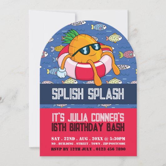 Ananas Float, Cartoon Fish Pool Party Verjaardag Kaart (Voorkant)