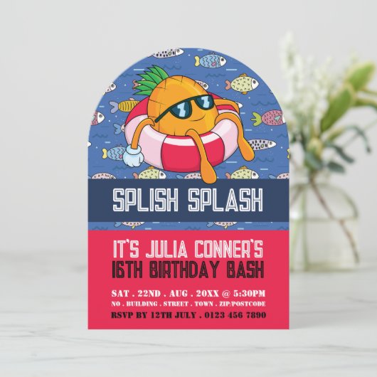 Ananas Float, Cartoon Fish Pool Party Verjaardag Kaart (Staand voorkant)