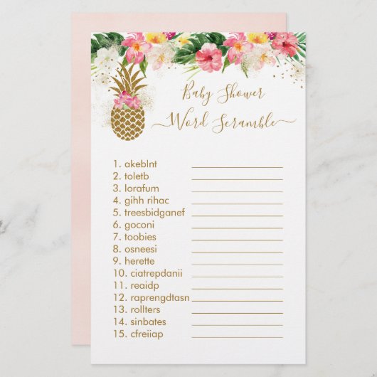 Ananas Floral Baby shower Word Scramble Game (Voorkant / Achterkant)