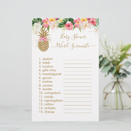 Ananas Floral Baby shower Word Scramble Game (Staand voorkant)