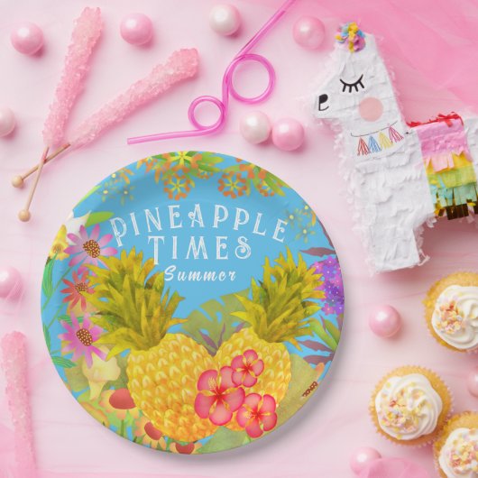 Ananas Floral Blue Papieren Bordje (Feest)