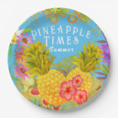 Ananas Floral Blue Papieren Bordje (Voorkant)