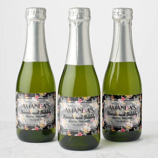 Ananas Floral op Black Vrijgezellenfeest Mini Sparkling Wijnetiket (Flessen)