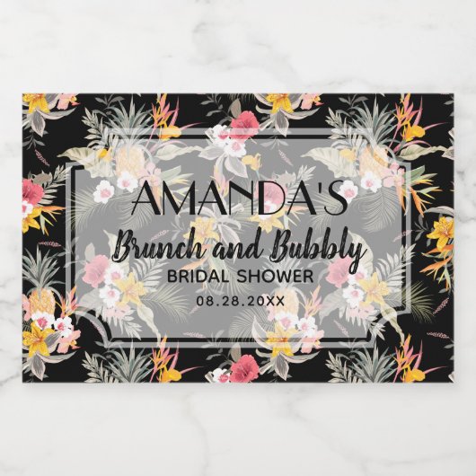 Ananas Floral op Black Vrijgezellenfeest Mini Sparkling Wijnetiket (Enkel label)