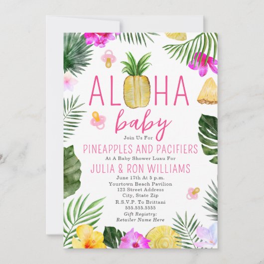 Ananas & Fopspenen Roze Meisje Baby Shower Luau Kaart (Voorkant)