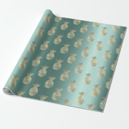 Ananas Fruit Faux Gold Tropic Summer Blauwgroen Gr Cadeaupapier