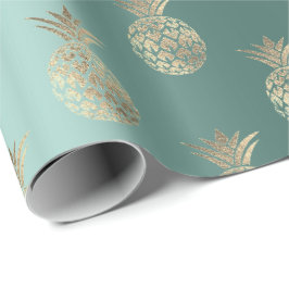 Ananas Fruit Faux Gold Tropic Summer Blauwgroen Gr Cadeaupapier