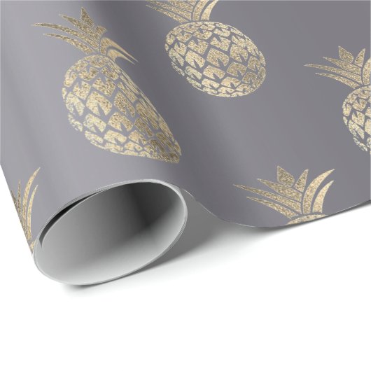 Ananas Fruit Nep Goud Tropic Zomer Grijs Cadeaupapier (Rol Hoek)