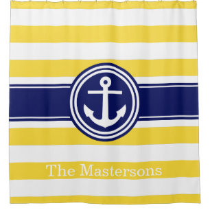 Ananas Geel Wt Navy Blauwe Zeevaart Streep Anker Douchegordijn