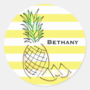 Ananas gele strepen zomer gepersonaliseerd ronde sticker