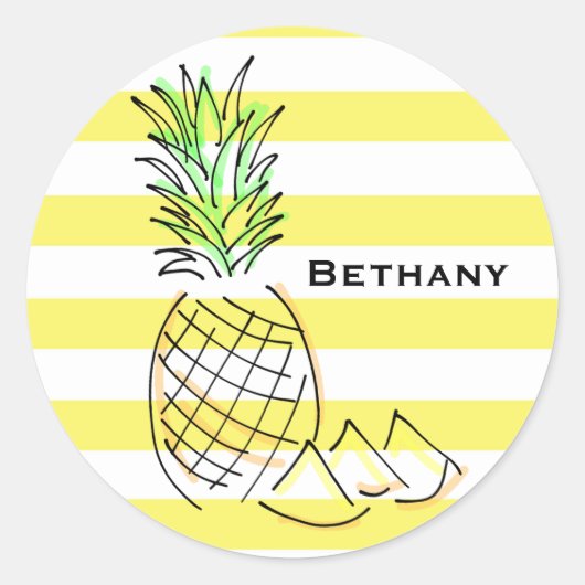 Ananas gele strepen zomer gepersonaliseerd ronde sticker (Voorkant)