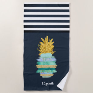 Ananas Green Glitter Navy Blue Striped Strandlaken
