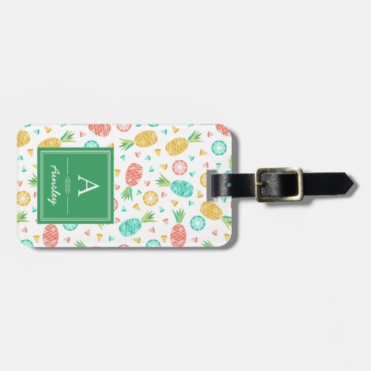 ananas | Groen monogram Bagagelabel (Voorkant horizontaal)