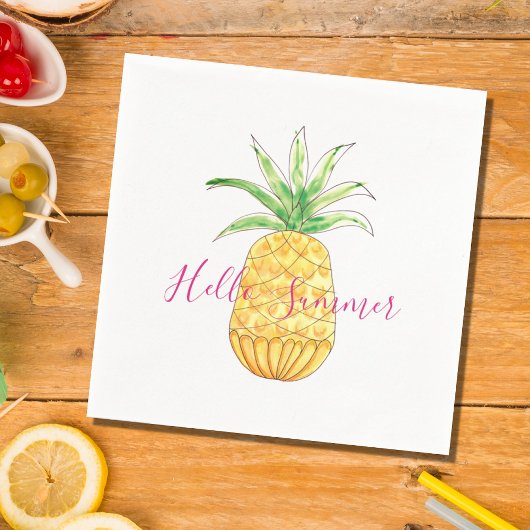 Ananas Hallo Summer Yellow Pink Waterverf Servet
