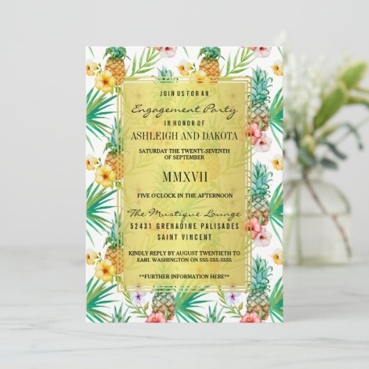 Ananas & Hibiscus Bestemming Verlovingsfeest Kaart (Staand voorkant)