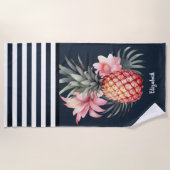 Ananas Hibiscus Nautical Navy Blauw Gestreept Strandlaken (Voorkant)