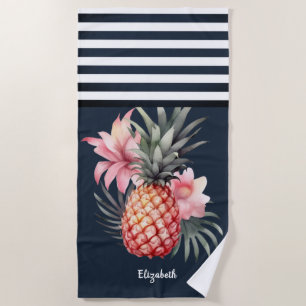 Ananas Hibiscus Nautical Navy Blauw Gestreept Strandlaken