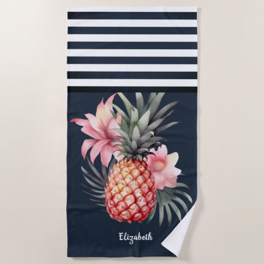 Ananas Hibiscus Nautical Navy Blauw Gestreept Strandlaken (Voorkant)