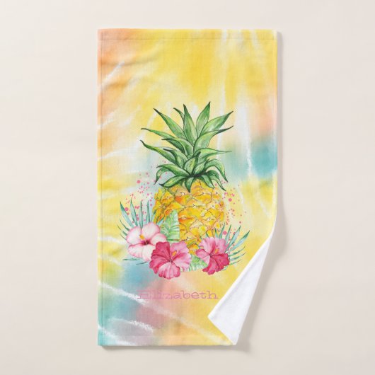 Ananas, Hibiscus Waterverf Rainbow Tie Dye Bad Handdoek (Handdoek)