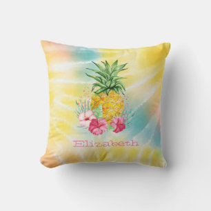 Ananas, Hibiscus Waterverf Rainbow Tie Dye Kussen
