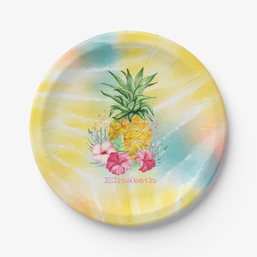 Ananas, Hibiscus Waterverf Rainbow Tie Dye Papieren Bordje (Voorkant)
