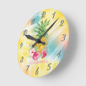 Ananas, Hibiscus Waterverf Rainbow Tie Dye Ronde Klok (Hoek)