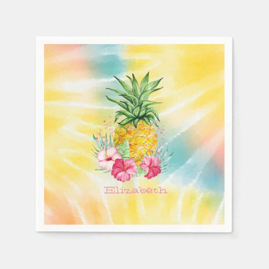 Ananas, Hibiscus Waterverf Rainbow Tie Dye Servet (Voorkant)