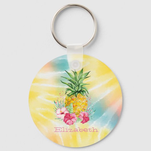 Ananas, Hibiscus Waterverf Rainbow Tie Dye Sleutelhanger (Voorkant)