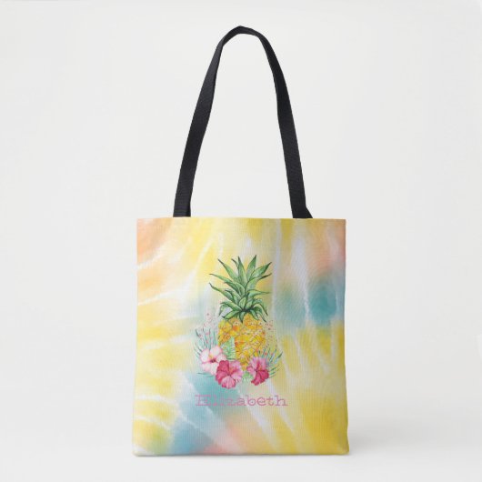 Ananas, Hibiscus Waterverf Rainbow Tie Dye Tote Bag (Voorkant)