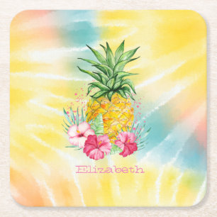 Ananas,Hibiscus Waterverf Regenboog Tie Dye  Kartonnen Onderzetters