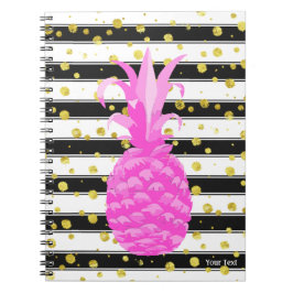 Ananas in Hot Pink met strepen en gouden Stippen Notitieboek