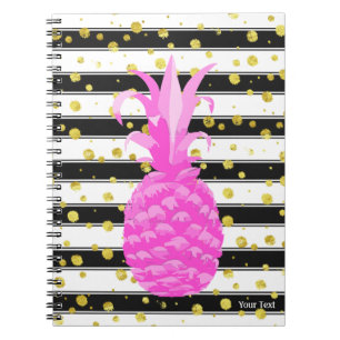 Ananas in Hot Pink met strepen en gouden Stippen Notitieboek