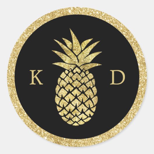 Ananas Initialen Tropische Bruiloft Gouden Glitter Ronde Sticker (Voorkant)