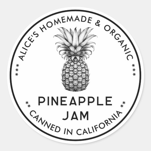 Ananas jam zwart-wit conservenlabel ronde sticker (Voorkant)