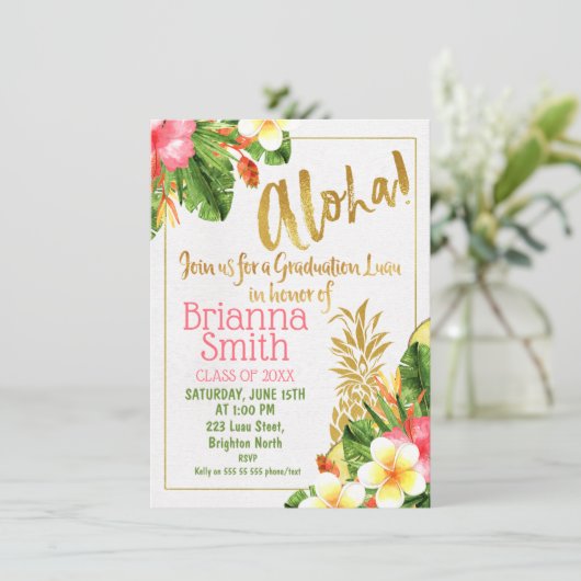 Ananas Kalligrafie Afstuderen Luau Uitnodiging (Staand voorkant)