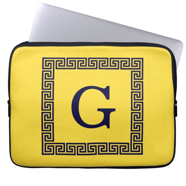 Ananas, marineblauw Griekse sleutel #1 ingelijst m Laptop Sleeve (Voorkant)