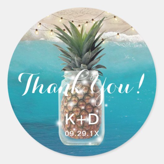 Ananas Mason Jar Beach Bruiloft Dank u Ronde Sticker (Voorkant)