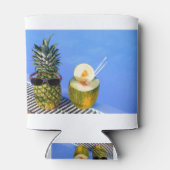 Ananas met een zonnebril en meloen bij het zwembad blikjeskoeler (Achterkant)