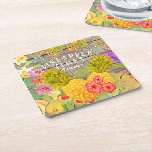 Ananas met Floral Kartonnen Onderzetters (Schuin)