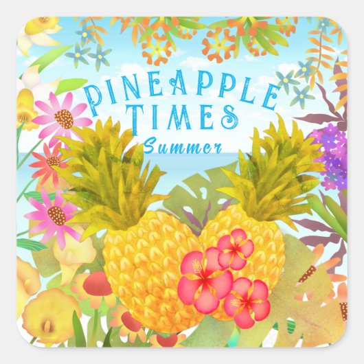 Ananas met Floral Vierkante Sticker (Voorkant)