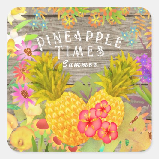 Ananas met Floral Vierkante Sticker (Voorkant)