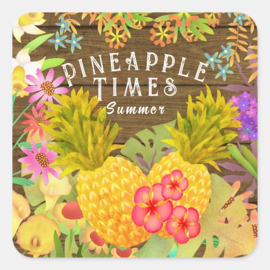 Ananas met Floral Vierkante Sticker (Voorkant)