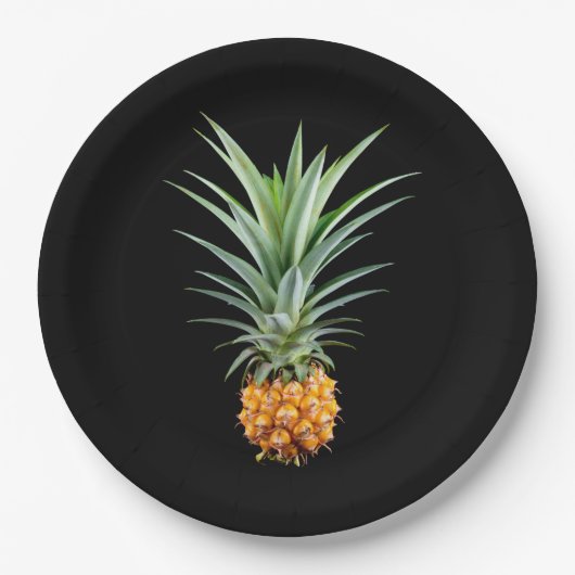 Ananas met groot haar op zwarte achtergrond papieren bordje (Voorkant)
