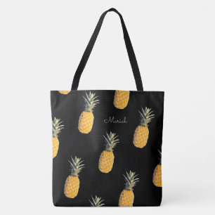 Ananas met jouw naam op zwart tote bag